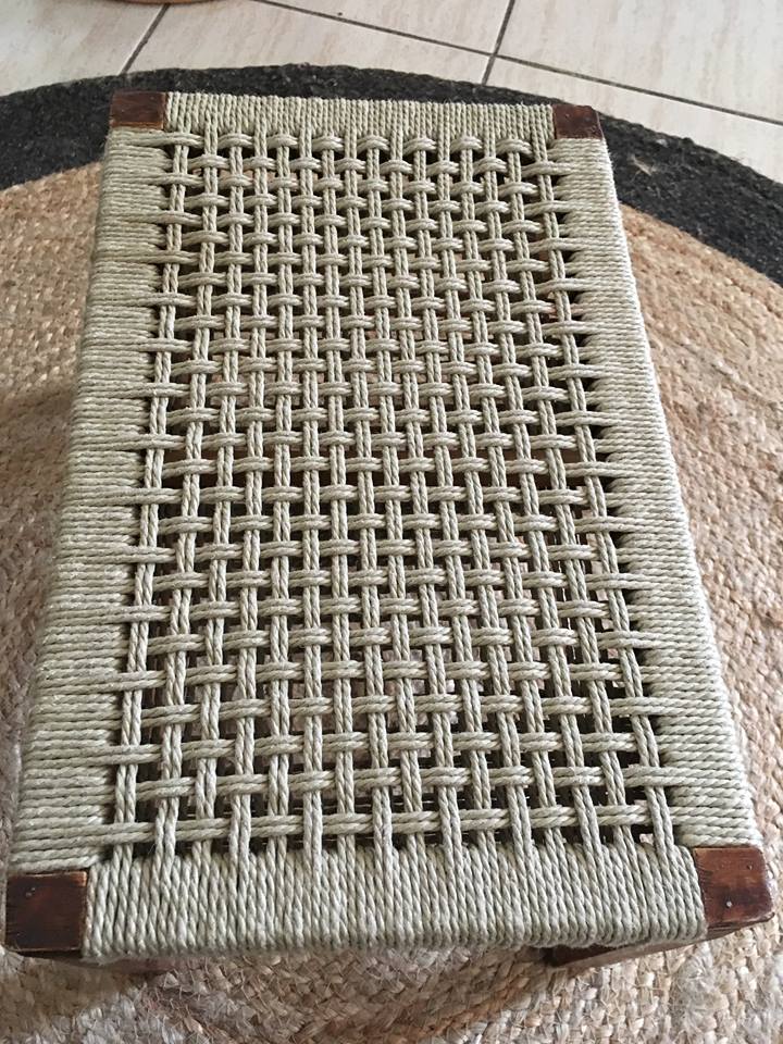 Stool or bench in wood and rope braided Bohemian style