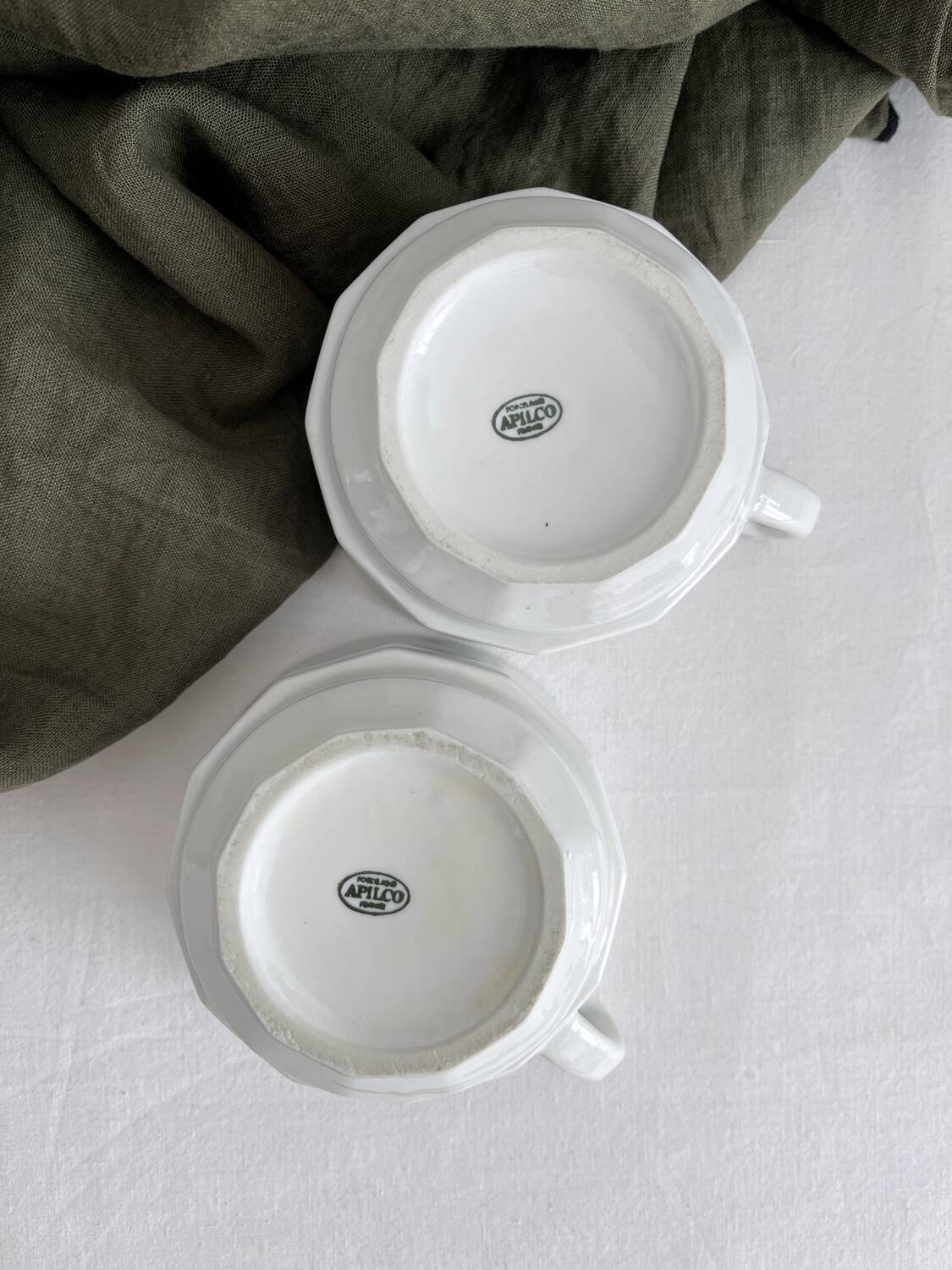 2 white porcelain cups Apilco vintage Parisian bistro