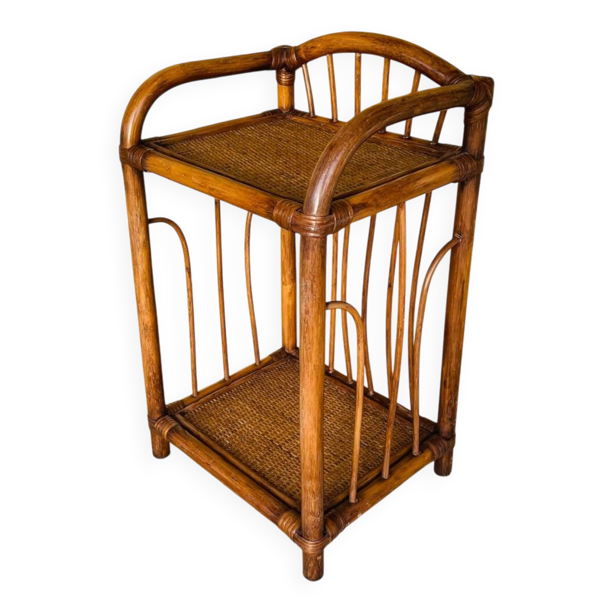 Vintage bamboo and wicker bedside table with 2 shelves, circa 1970