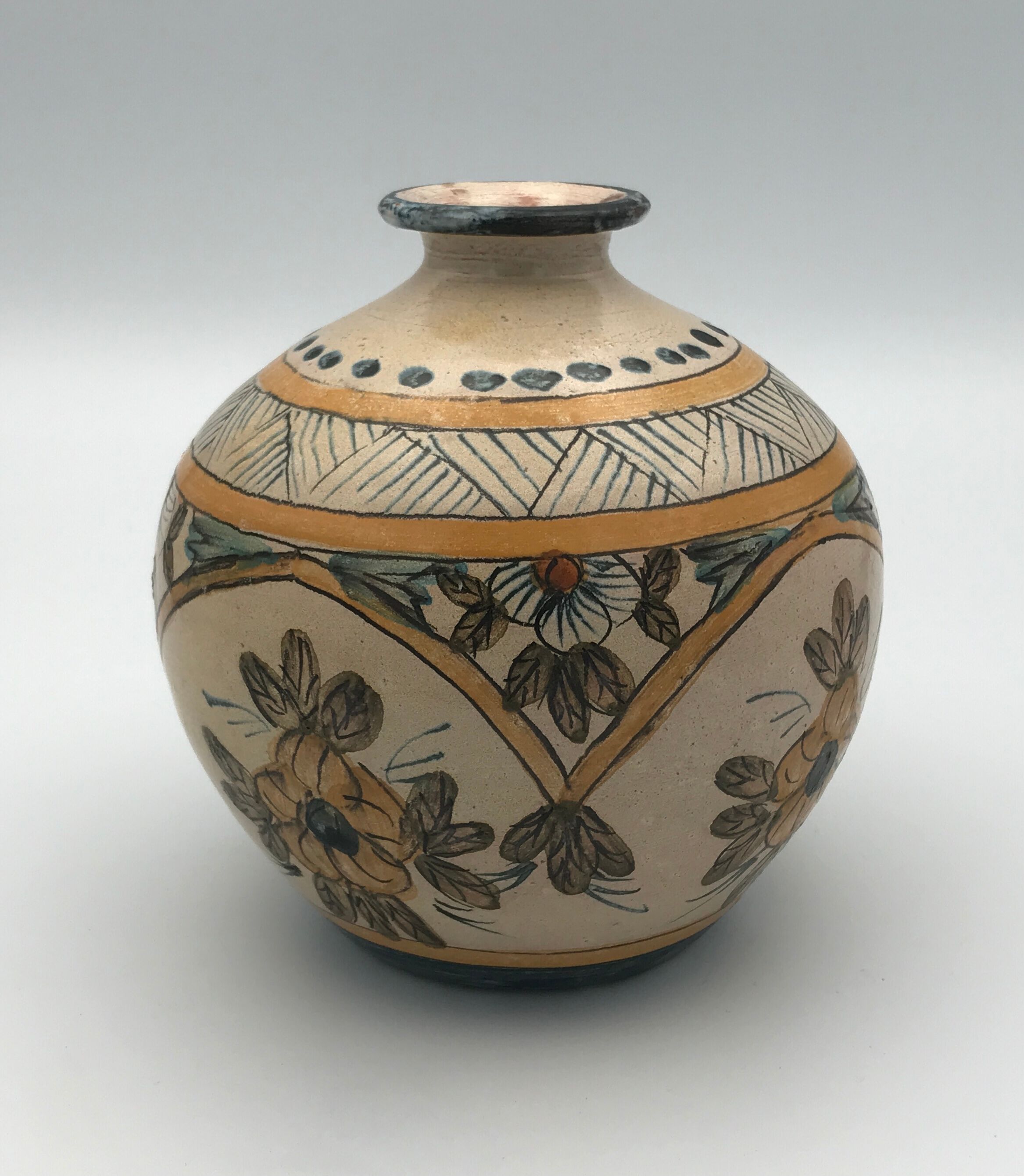 Vintage vase shaped terracotta ball with handheld paint decoration polychrome signed