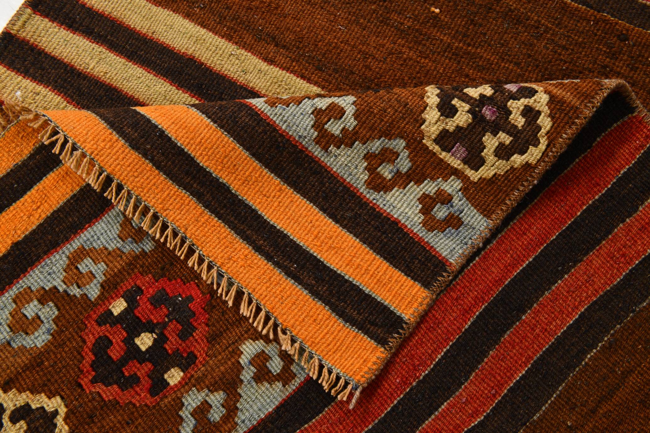 Brown & Orange Stiped Mid Century Vintage Kilim Rug, 75x387 Cm