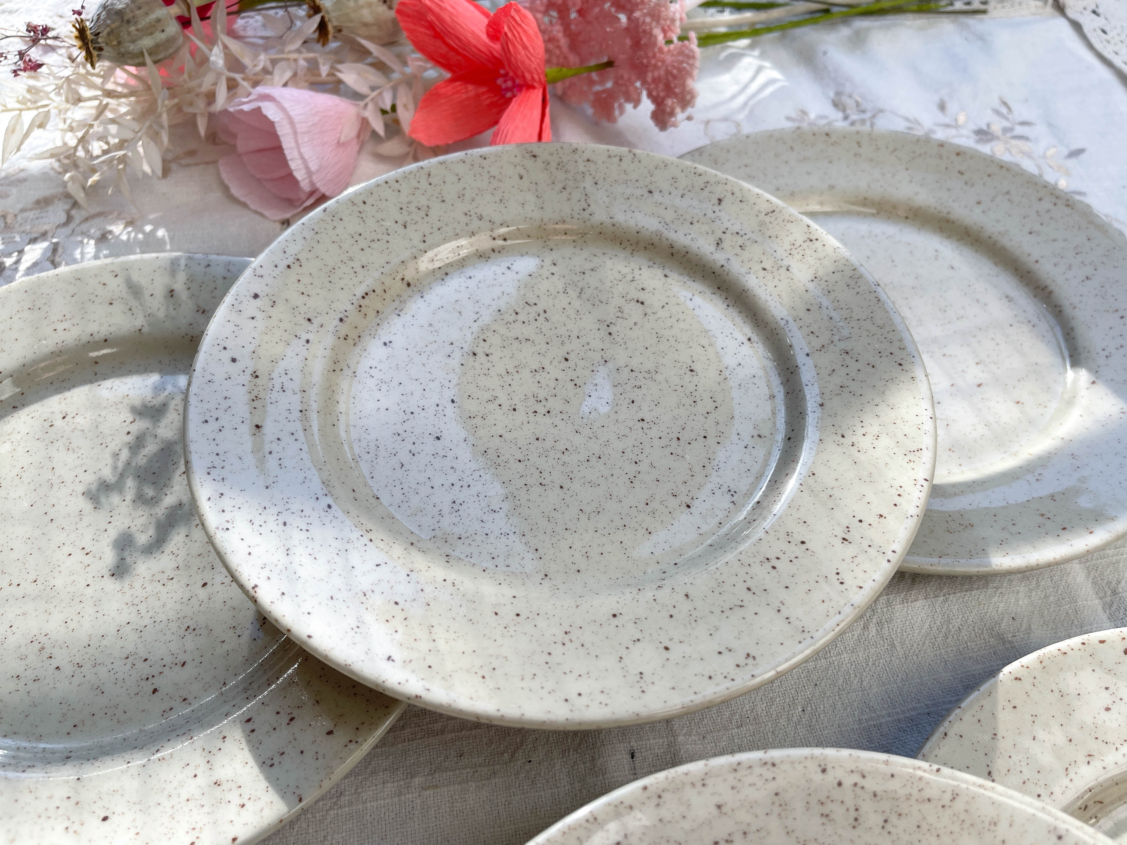 Set of 6 speckled grey stoneware plates 1970