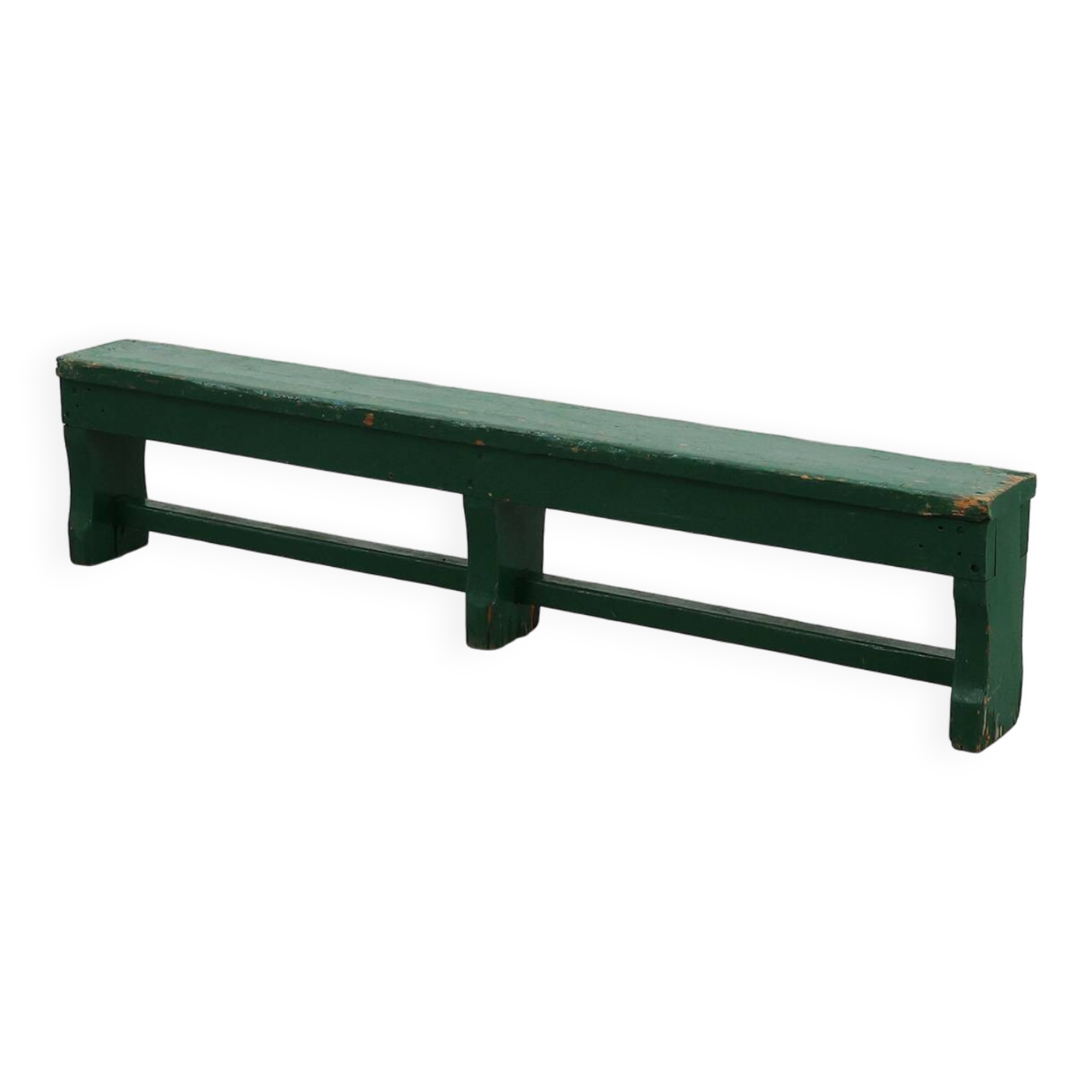 Rustic primitive green farmhouse bench in solid oak, France ca. 1900