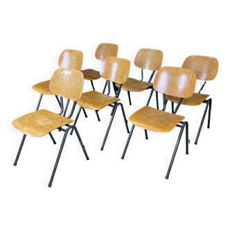 Set of 7 Marko school chairs gray blue trombone feet Netherlands 70s