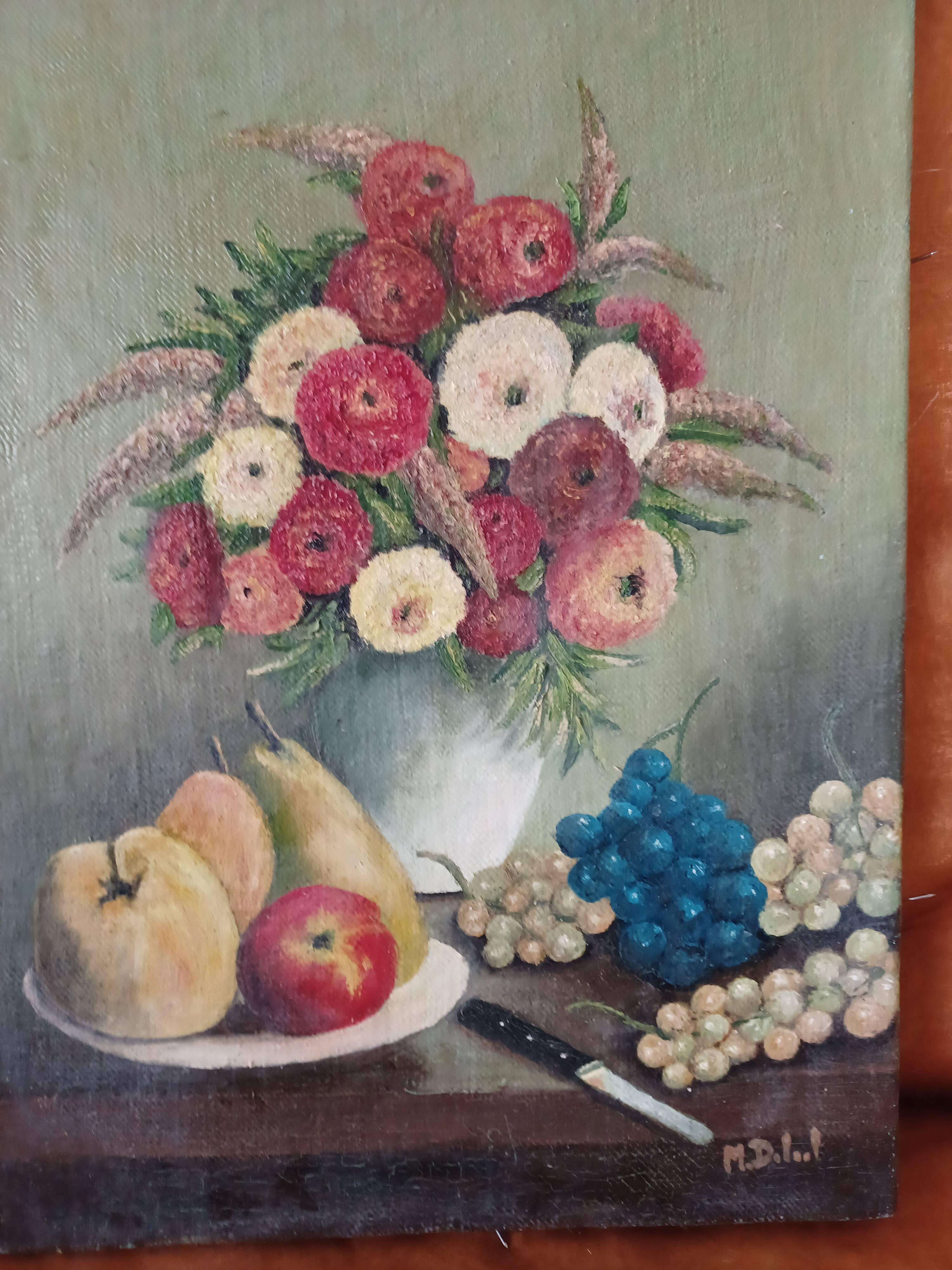 Nature morte fleurs et fruits peinture sur toile signé