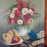 Still life flowers and fruits painting on canvas signed