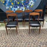 Set of 6 Scandinavian chairs in teak and skai