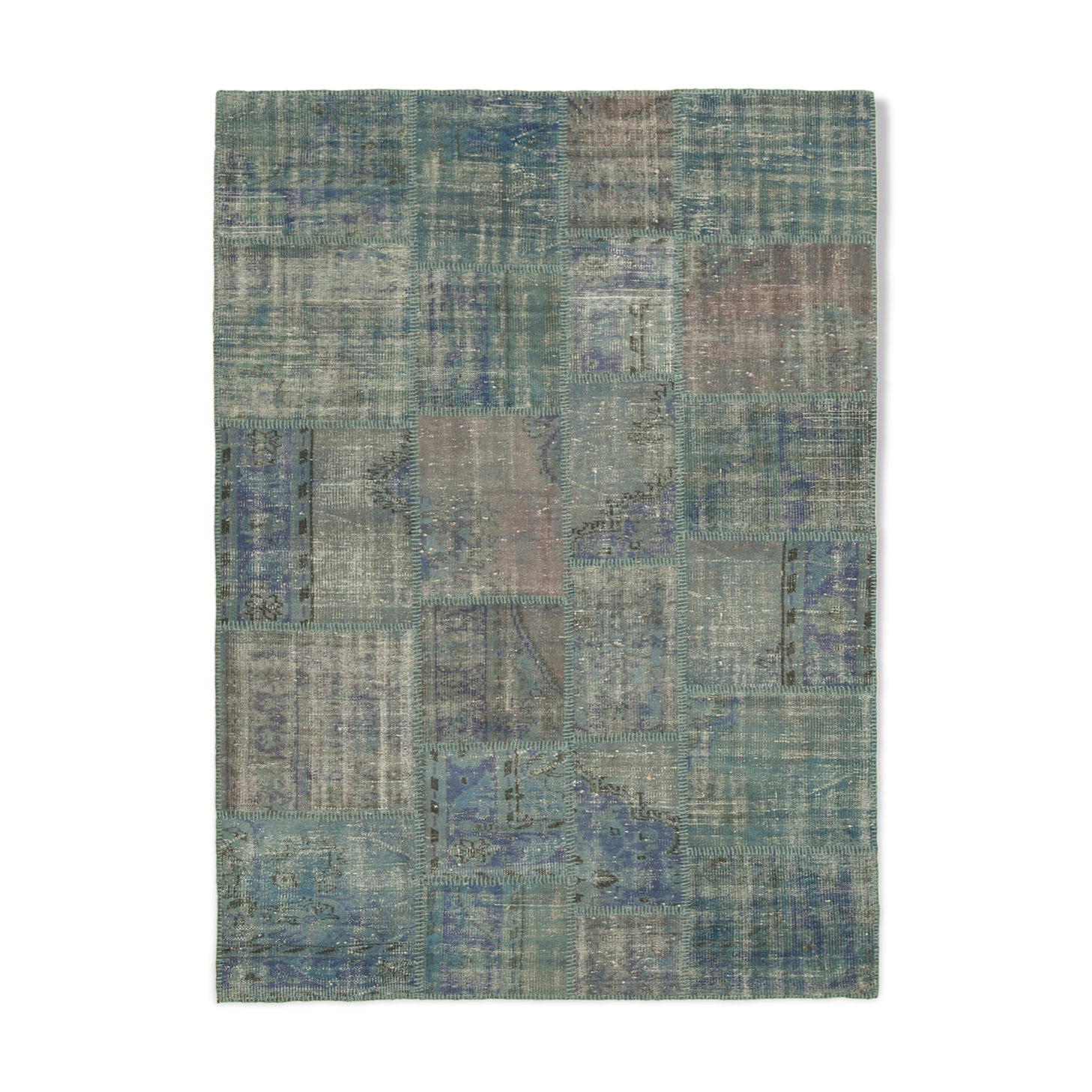 Hand-knotted oriental vintage 176 cm x 244 cm blue patchwork carpet