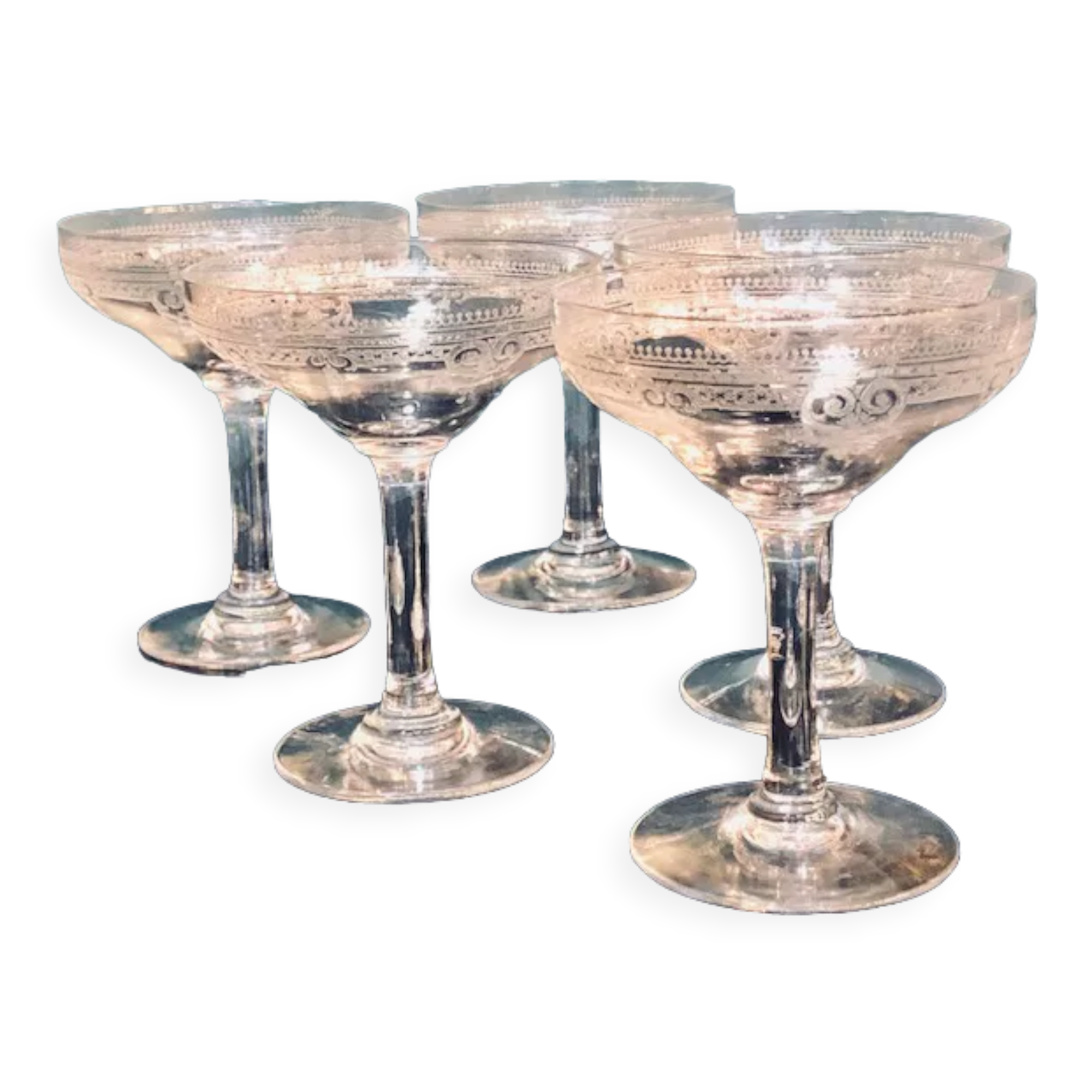 5 champagne glasses in chiseled crystal