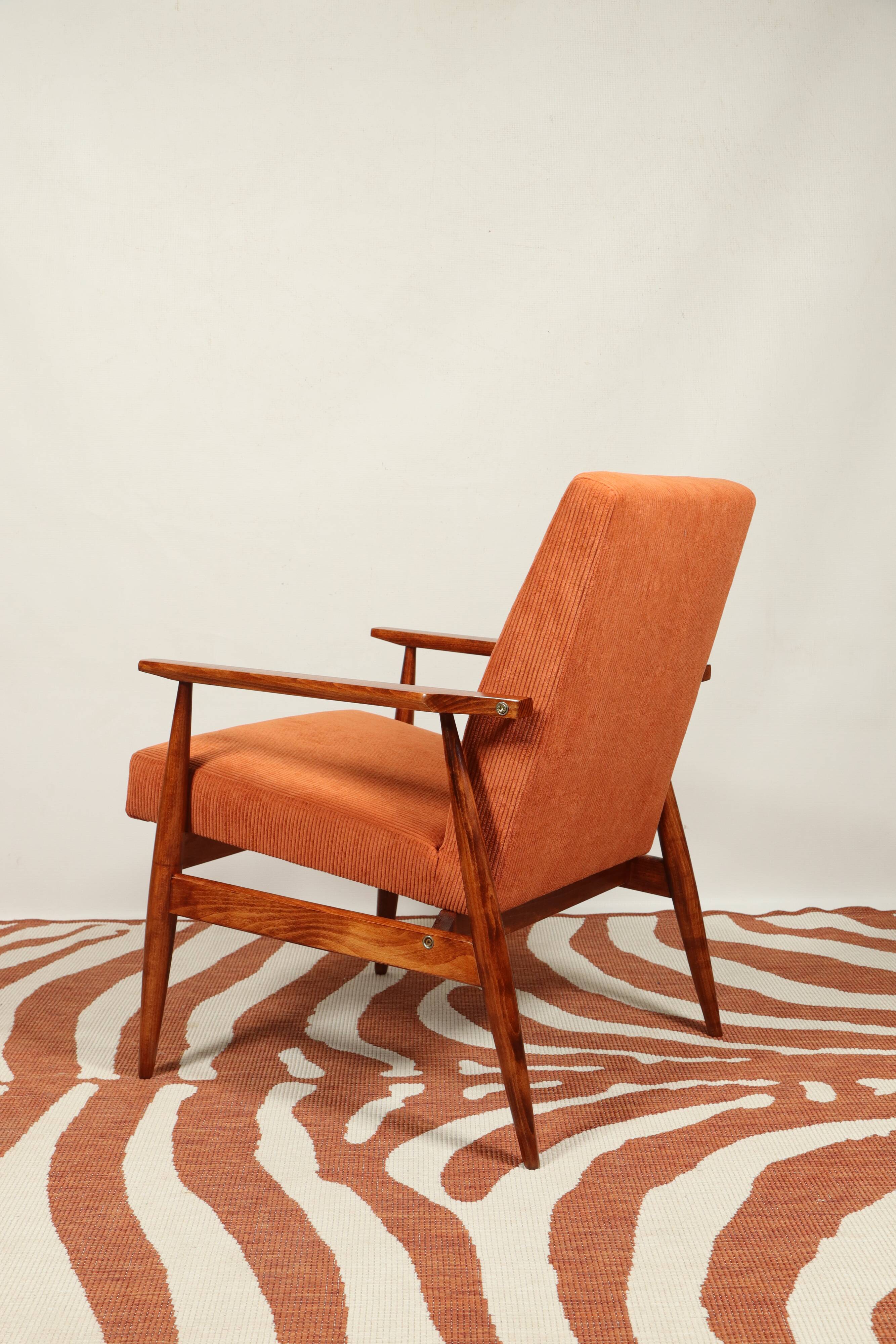 Vintage armchair orange burt corduroy upholstery , Henryk Lis, 1960, Poland