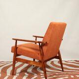 Vintage armchair orange burt corduroy upholstery , Henryk Lis, 1960, Poland