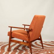 Vintage armchair orange burt corduroy upholstery , Henryk Lis, 1960, Poland