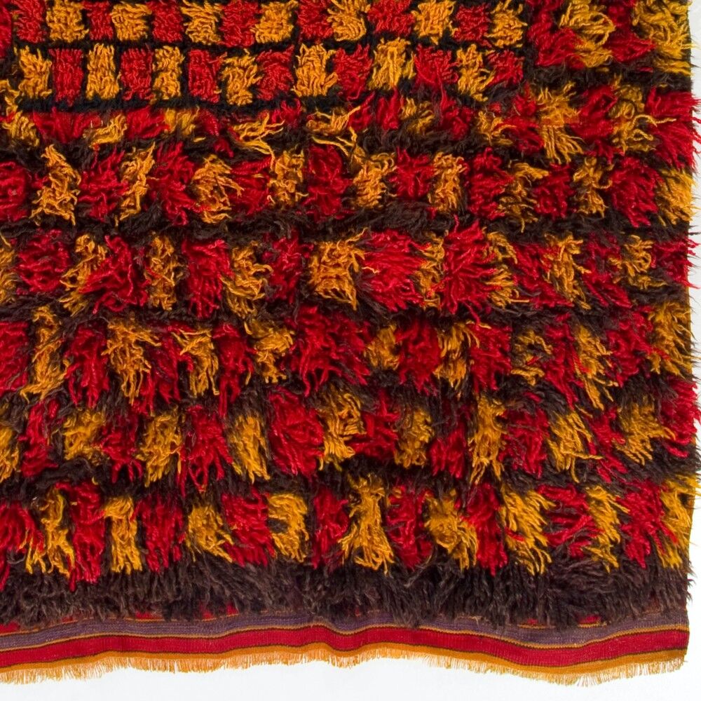 Vintage Hand-Knotted Turkish Tulu Rug with Checkered Design in Red, Yellow and Brown, 100% Wool