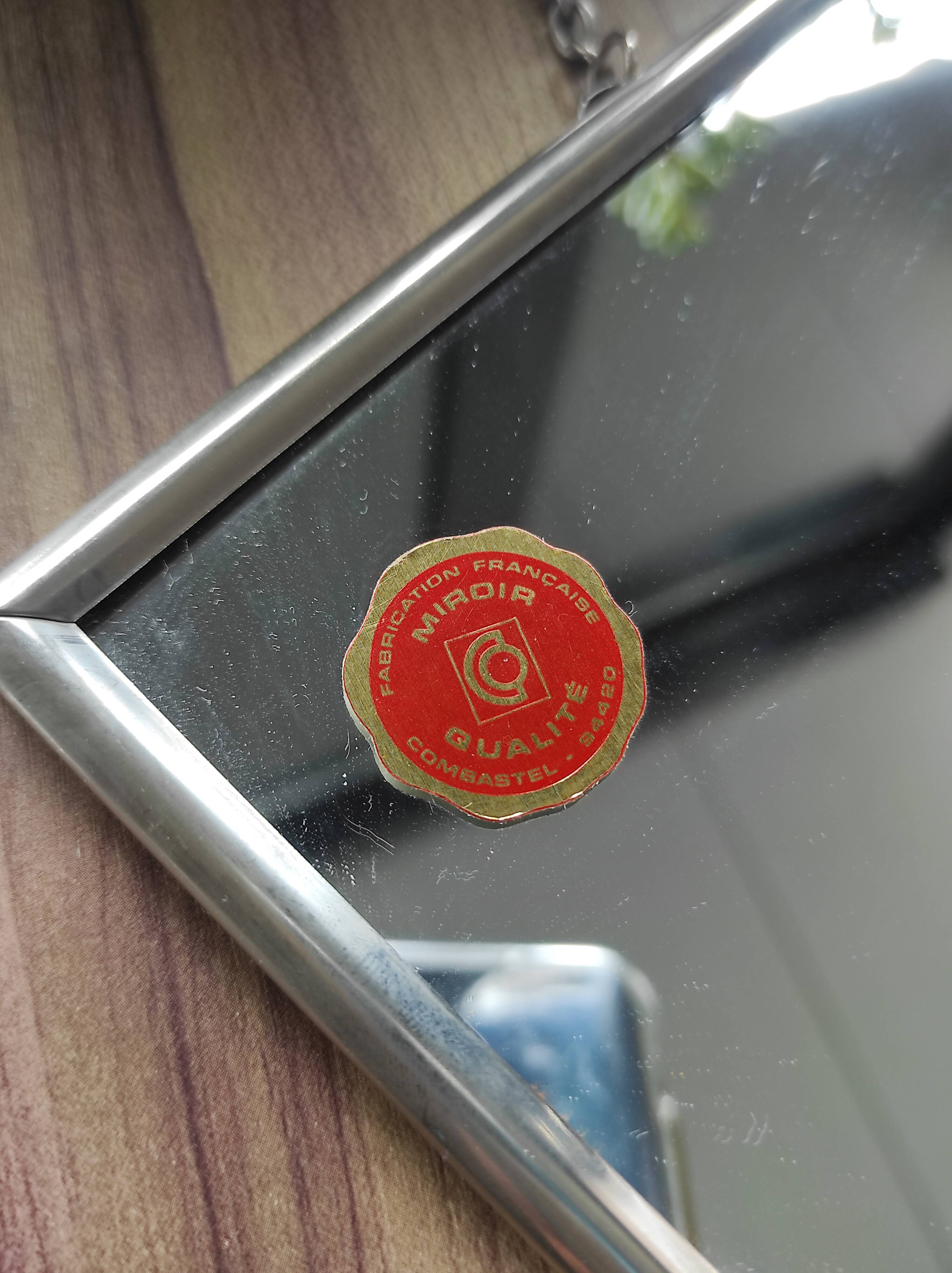 Vintage barber mirror, with chain, Combastel, made in France