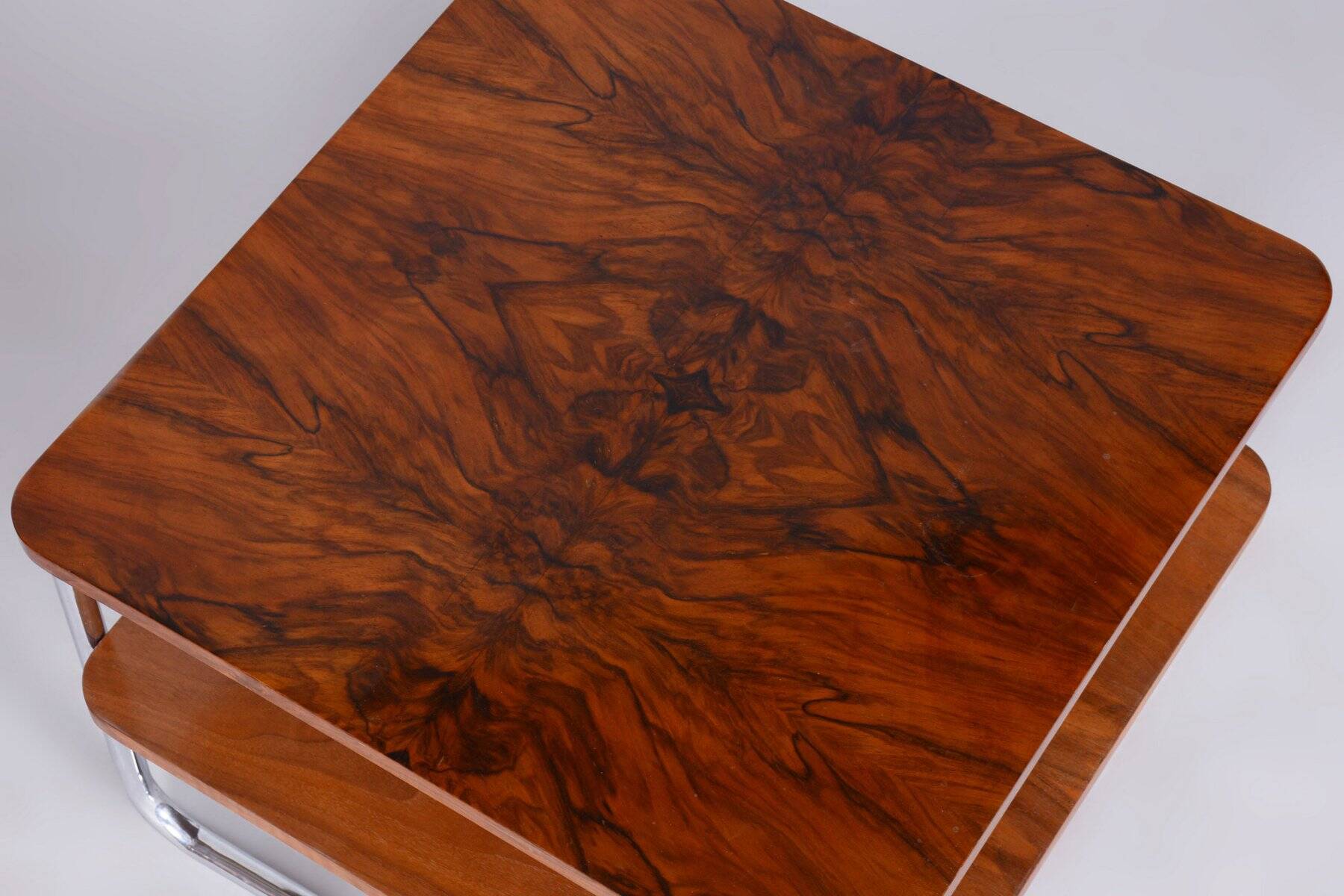 Bauhaus Side Table in Caucasian Walnut and Chrome-Plated Steel, 1930s