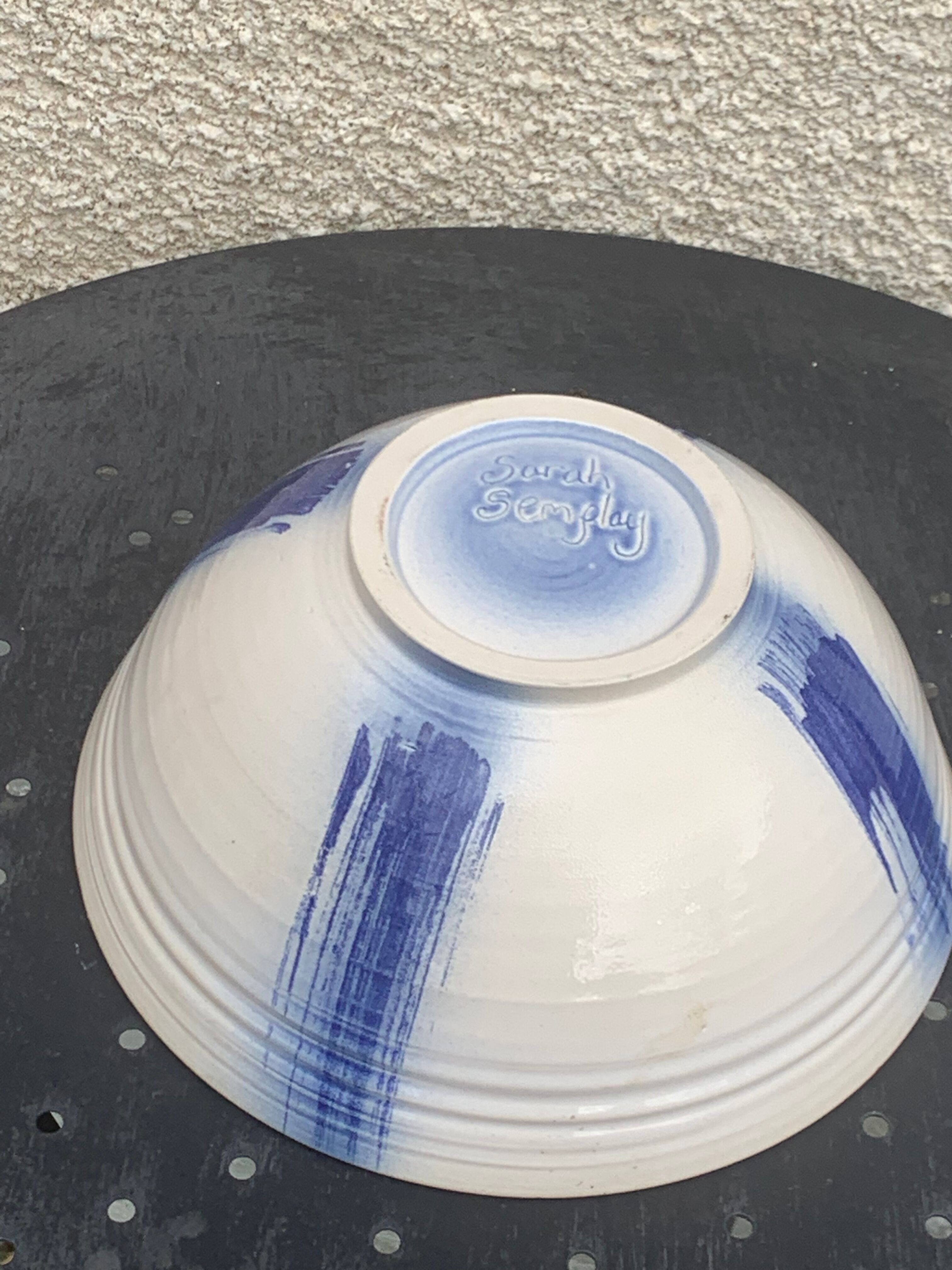 Glazed ceramic salad bowl signed by ceramicist Sarah Semplay vintage