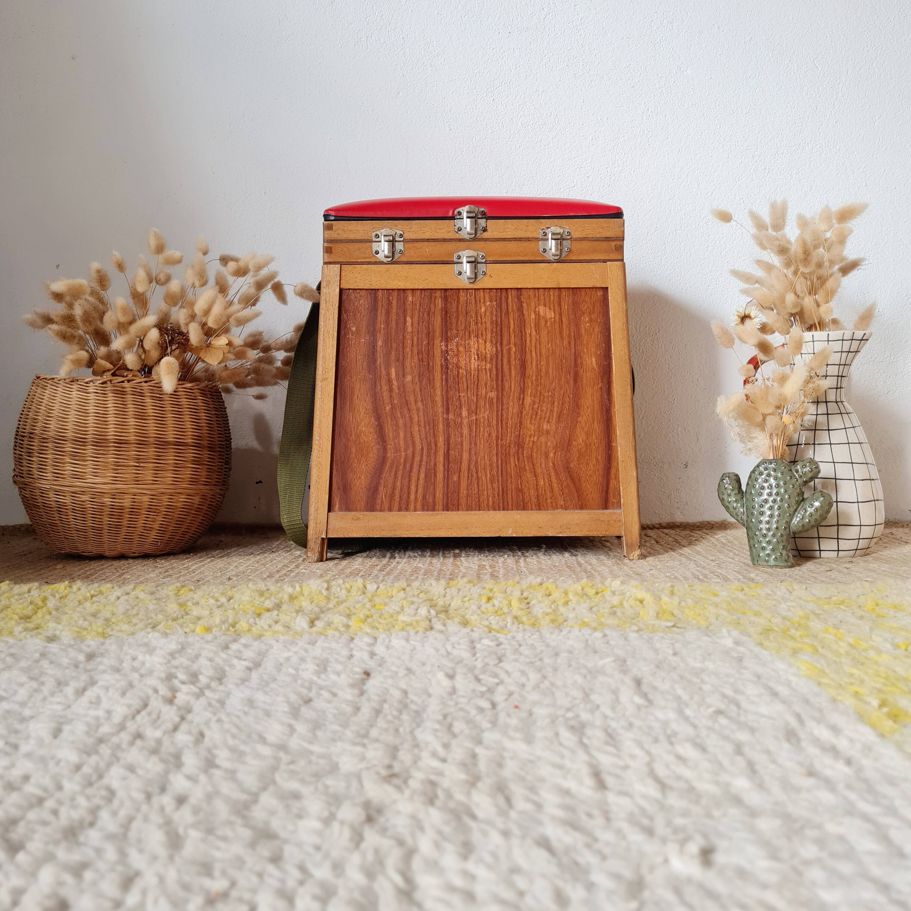 Old fisherman's chest, vintage workshop stool