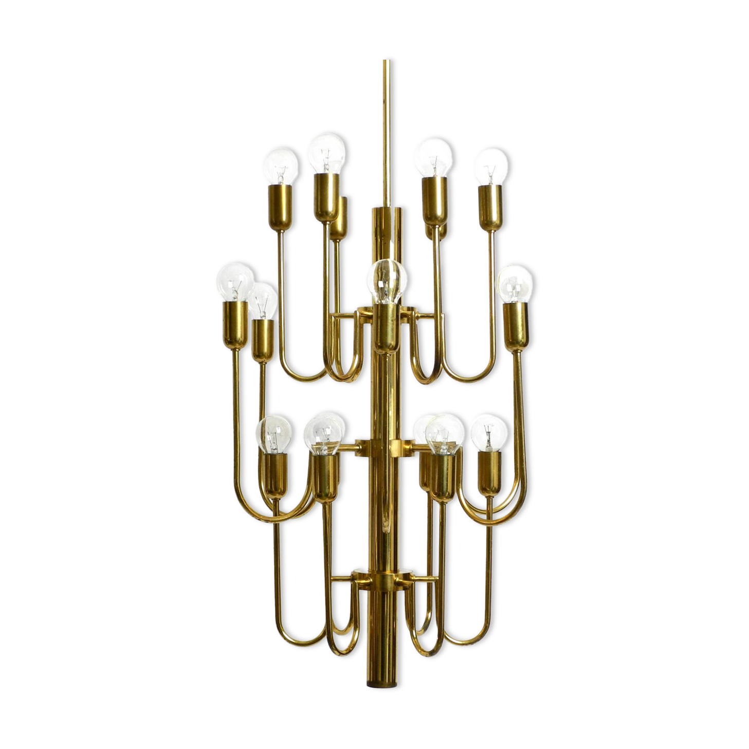 Three staged 18 arm Mid Century brass chandelier with a long brass rod