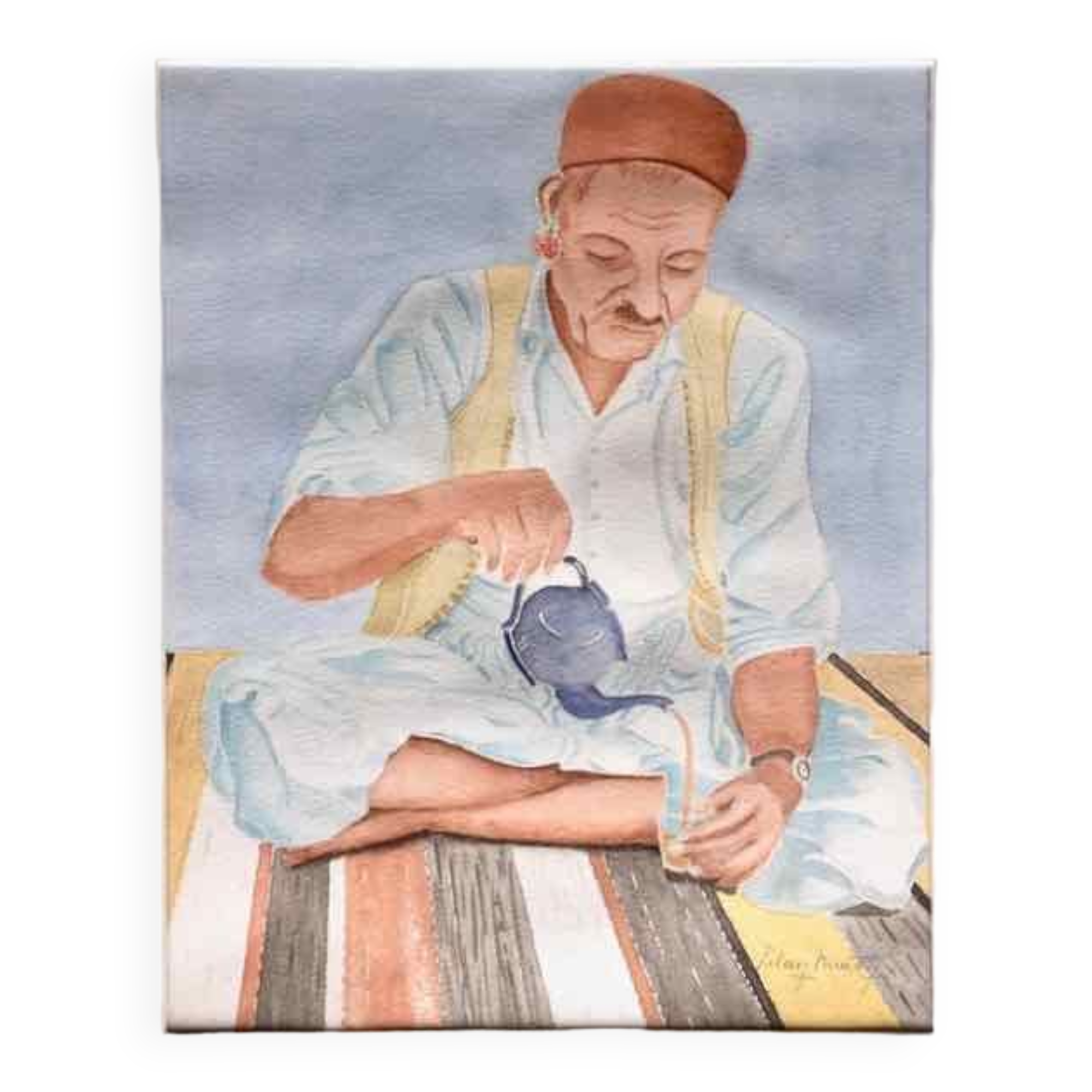 Watercolor portrait Tea time 1970