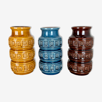 Set of Three Pottery Fat Lava Vases "Multi-Color" by Scheurich, Germany, 1970s