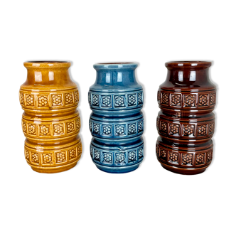 Set of Three Pottery Fat Lava Vases "Multi-Color" by Scheurich, Germany, 1970s