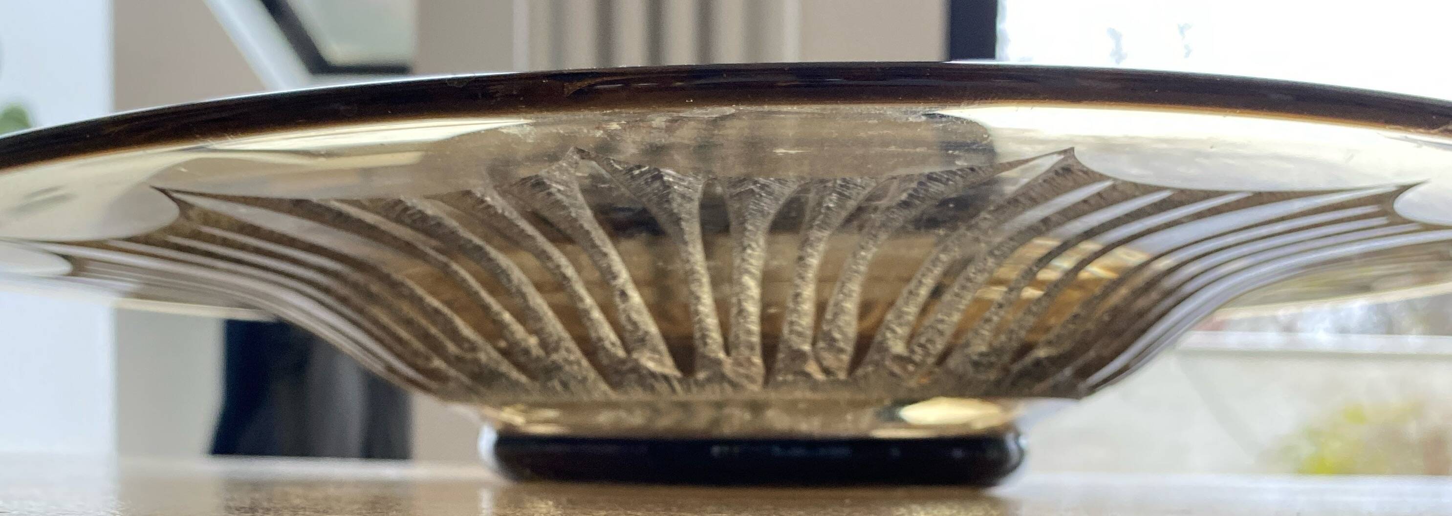 Old Verrex smoked glass fruit bowl, with a radius decoration cut into the glass