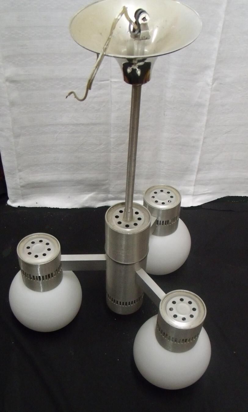 Chandelier suspended three lights 1970 white opaline brushed alu