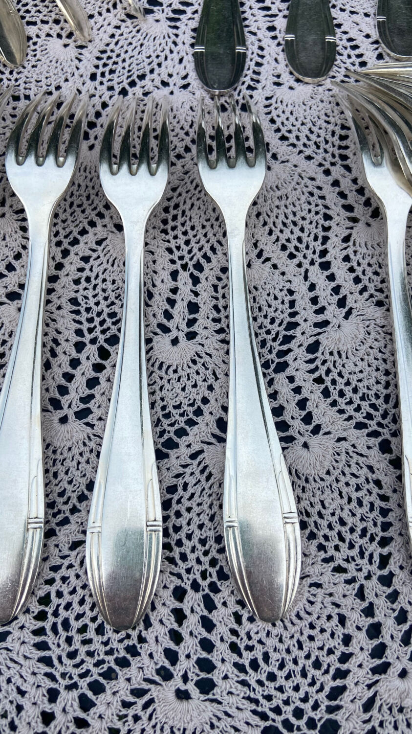 Set of 12 forks and 12 spoons Orbrille silver metal 1950 vintage