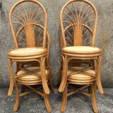 Ensemble table et chaises Exodia, bois et rotin, années 80
