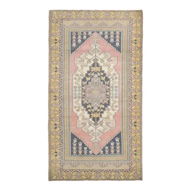 1970s Vintage Turkish Hand-Knotted Wool Cotton Pink Area Rug 124x226
