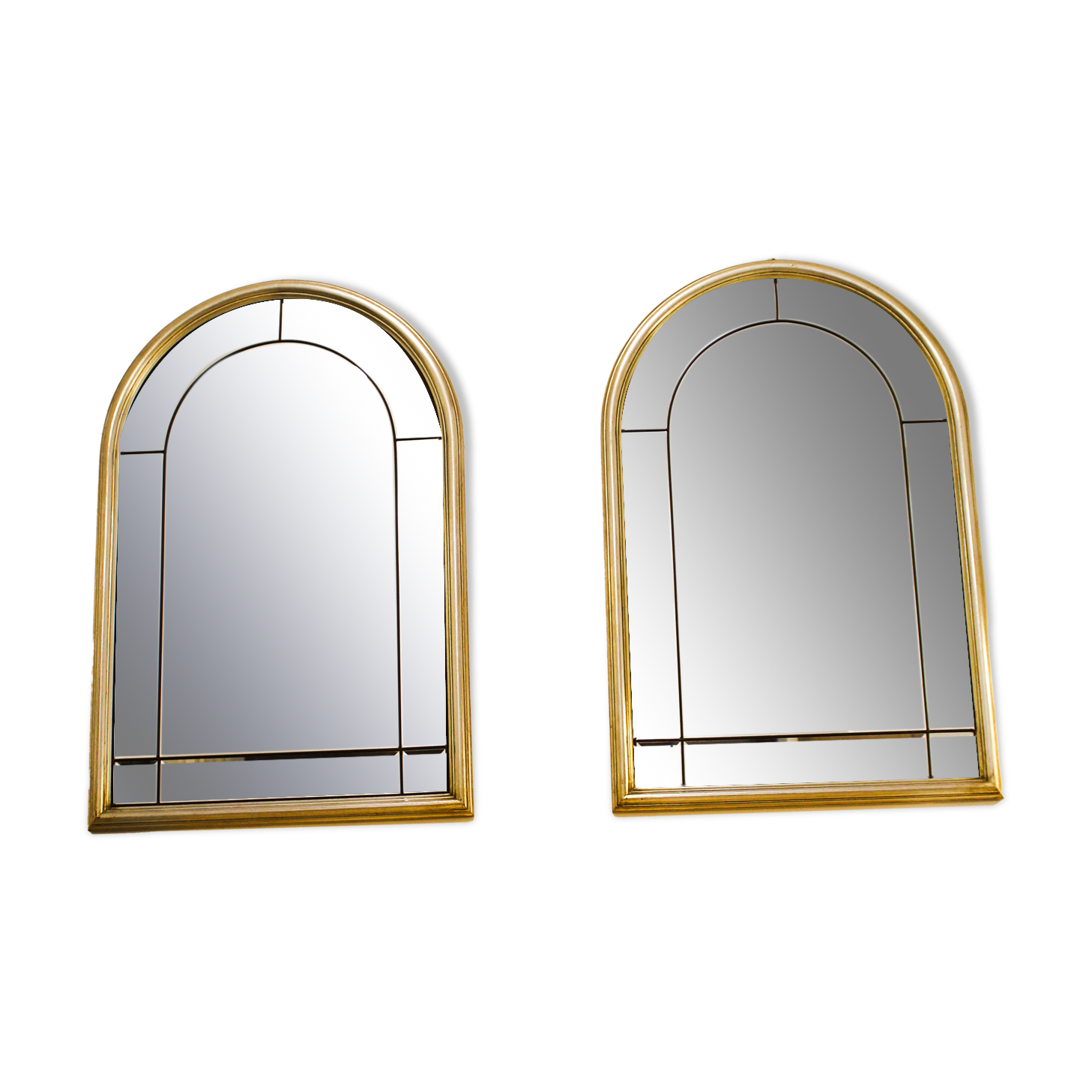 Pair of bevelled mirrors, brass edging frame in brushed wood years Italy 70's