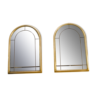 Pair of bevelled mirrors, brass edging frame in brushed wood years Italy 70's