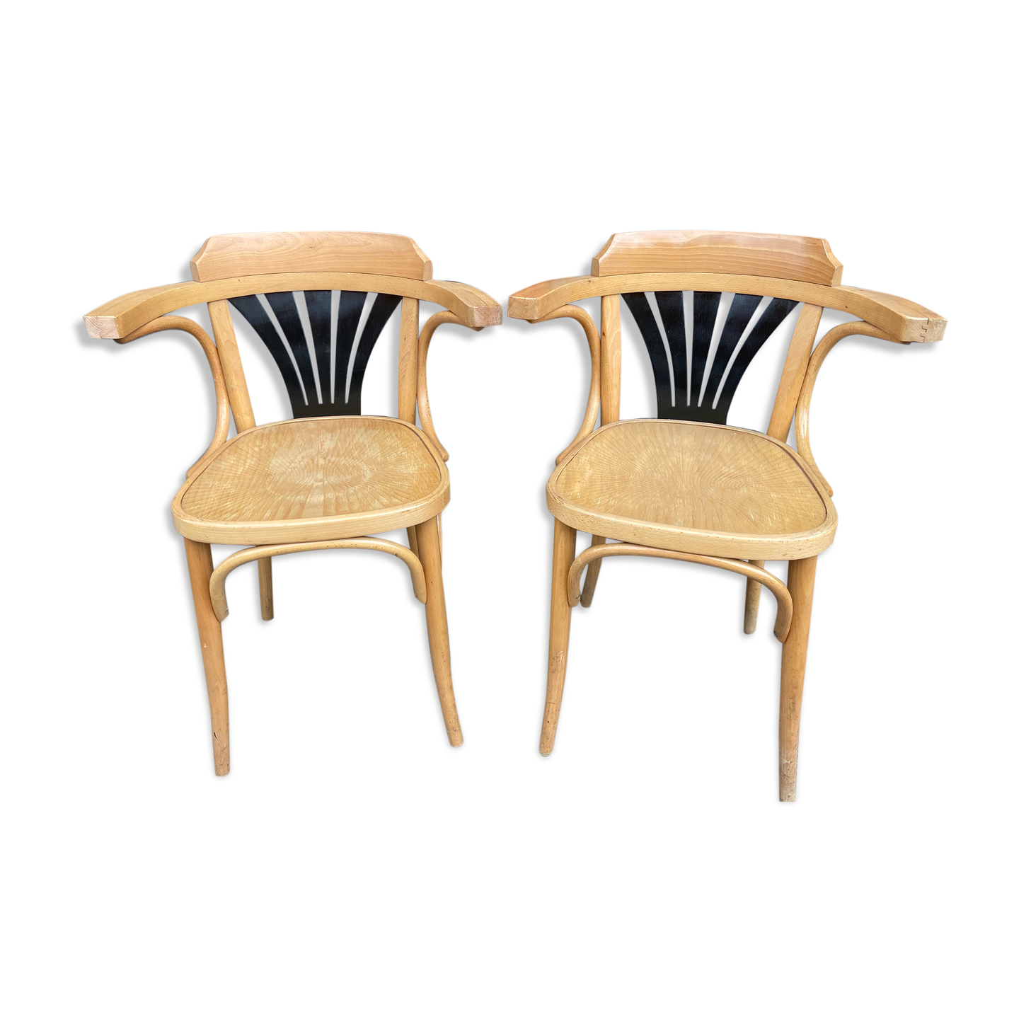 Pair of curved wooden bistro chairs with armrests