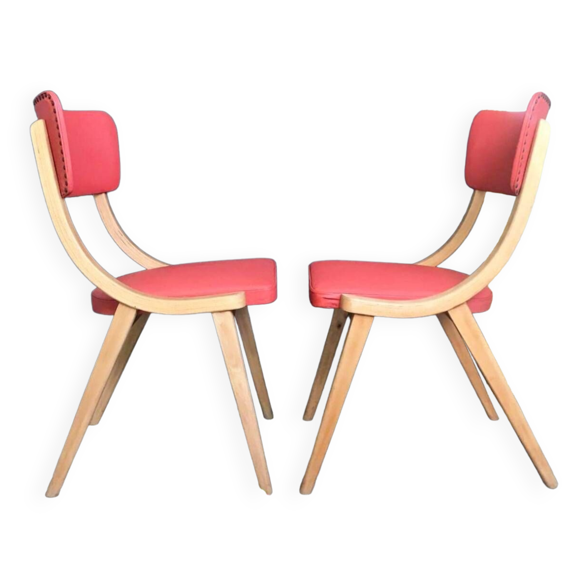 Pair of vintage solid wood and leatherette chairs from the 60s