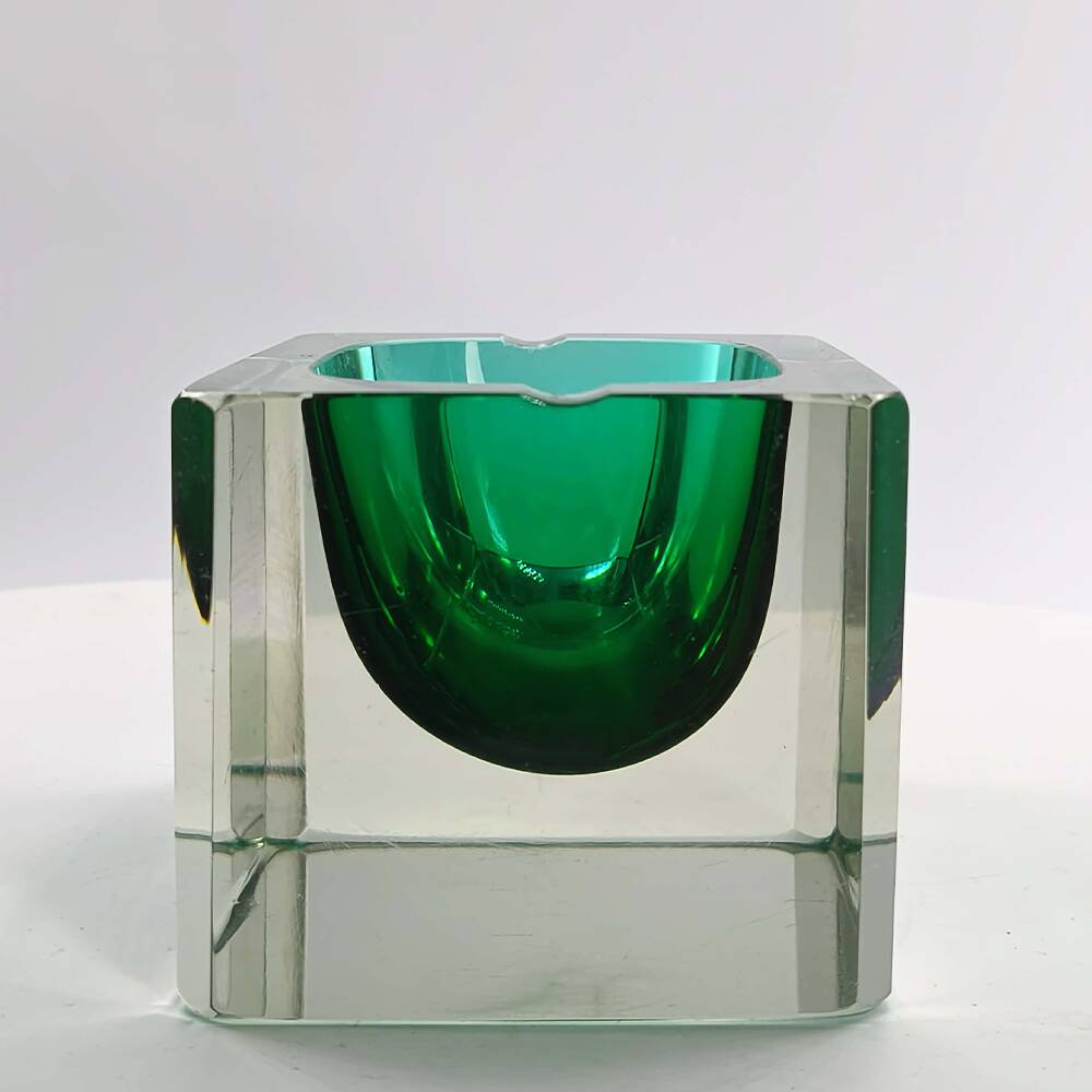 1960s Rare Rectangular Uranium Multifaceted Ashtray in Murano Glass