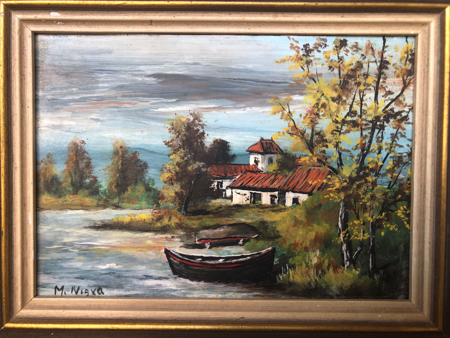 Oil painting on panel M. NIAVEL View house by river + gilded frame #A214