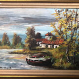 Tableau Huile Sur Panneau M. NIAVEL Vue Maison Bord Rivière + Cadre Doré #A214