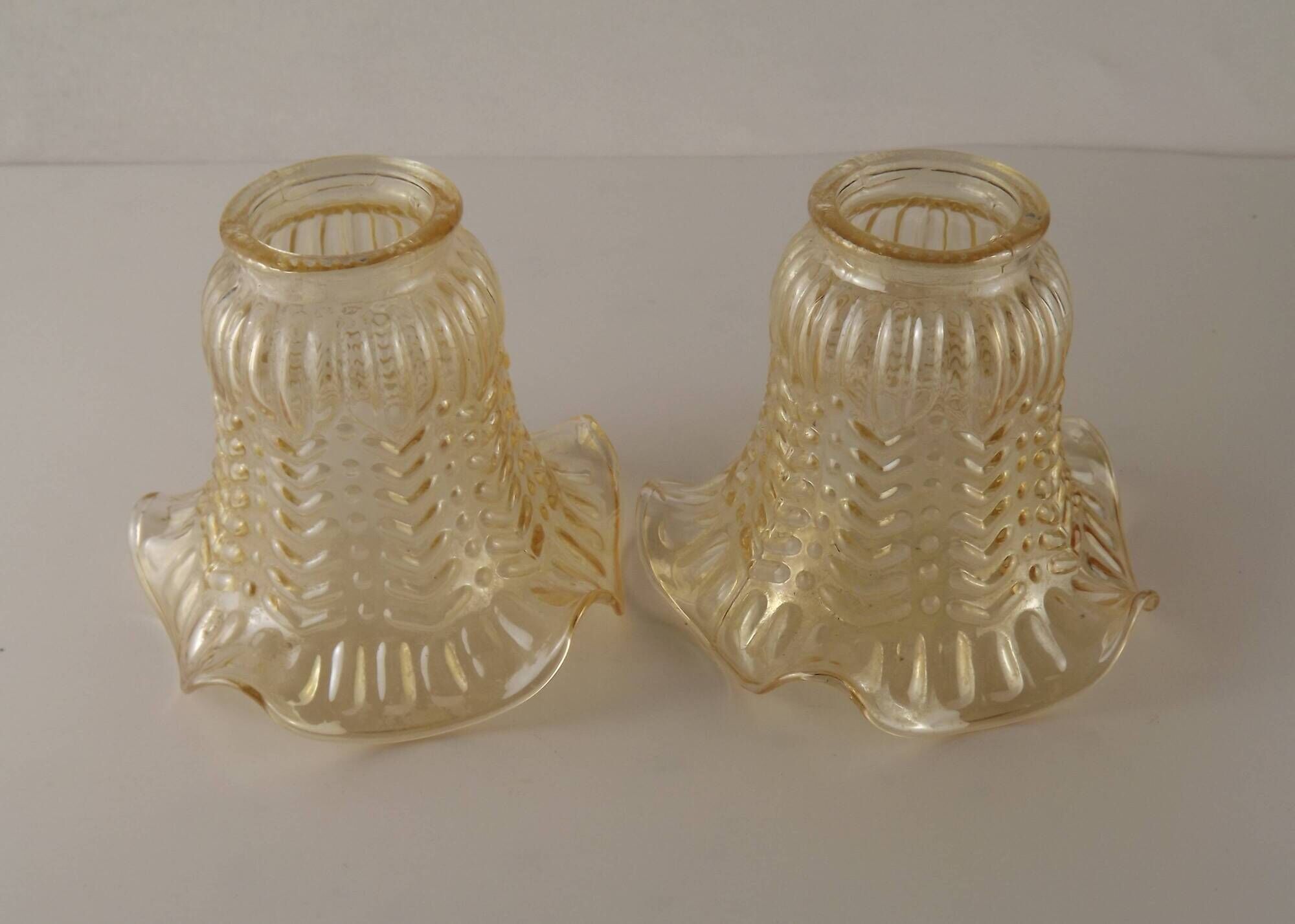 Matching Pair of Vintage French Amber Patterned Glass Shades 5594
