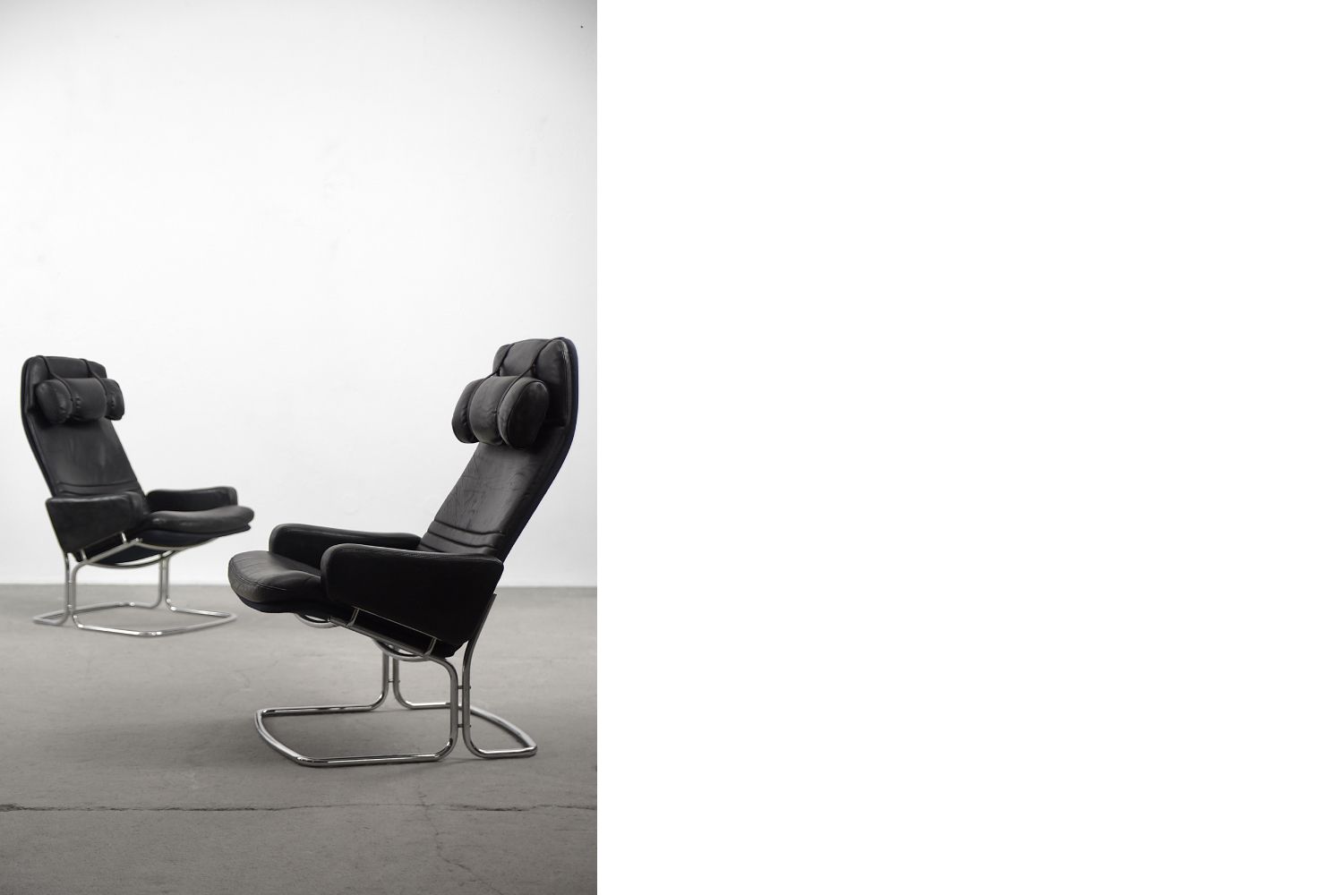 Mid-Century Rare Black Leather Scandinavian Armchair by Ire Möbel, 1970s, Set of 2