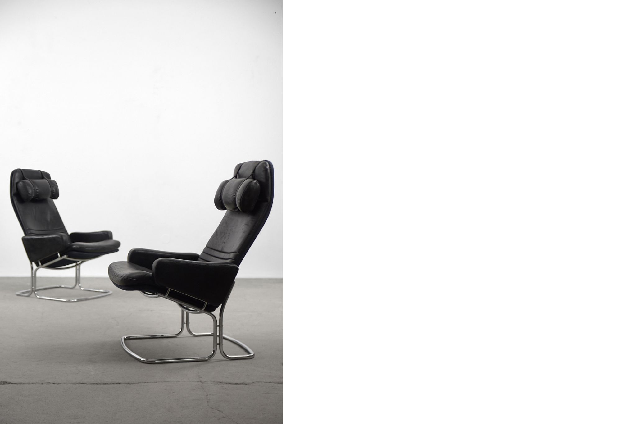 Mid-Century Rare Black Leather Scandinavian Armchair by Ire Möbel, 1970s, Set of 2