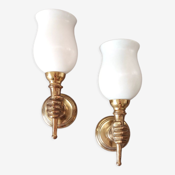 Pair of bronze and gilded brass sconces by John Devoluy 1950.