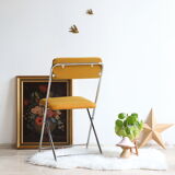 Pair of Eyrel 70s folding chairs in chrome metal and mustard fabric