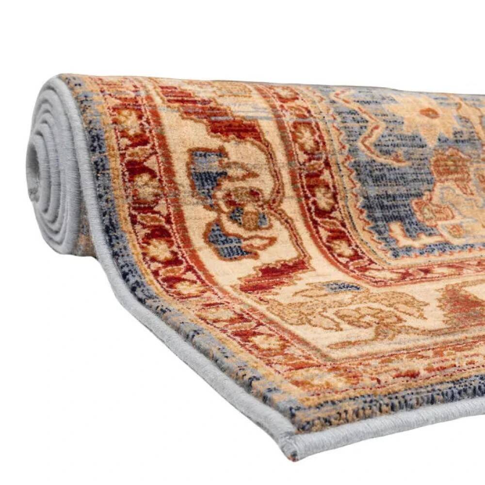 Beige, blue, red oriental rug.