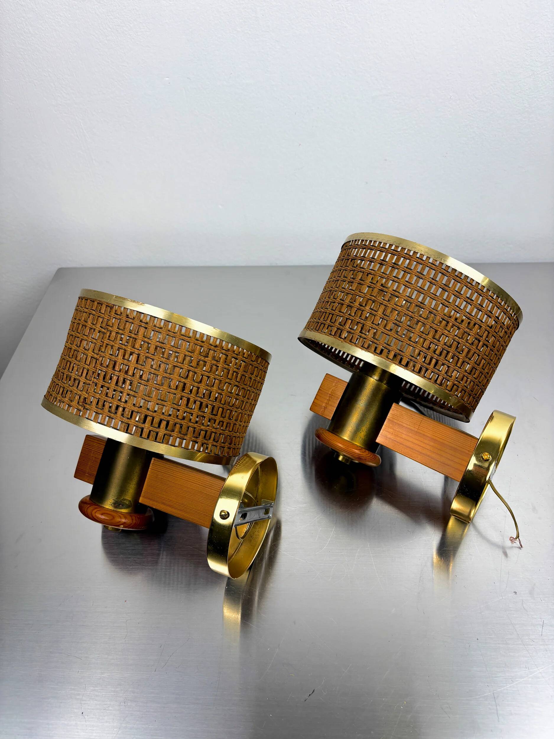 Pair of vintage rattan & wood wall sconces, Italy, 1970s