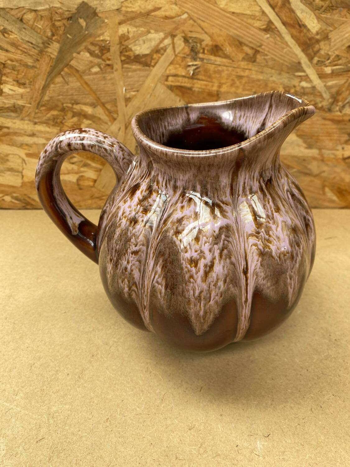 Antique melon pitcher flamed ceramic brown & pink vintage