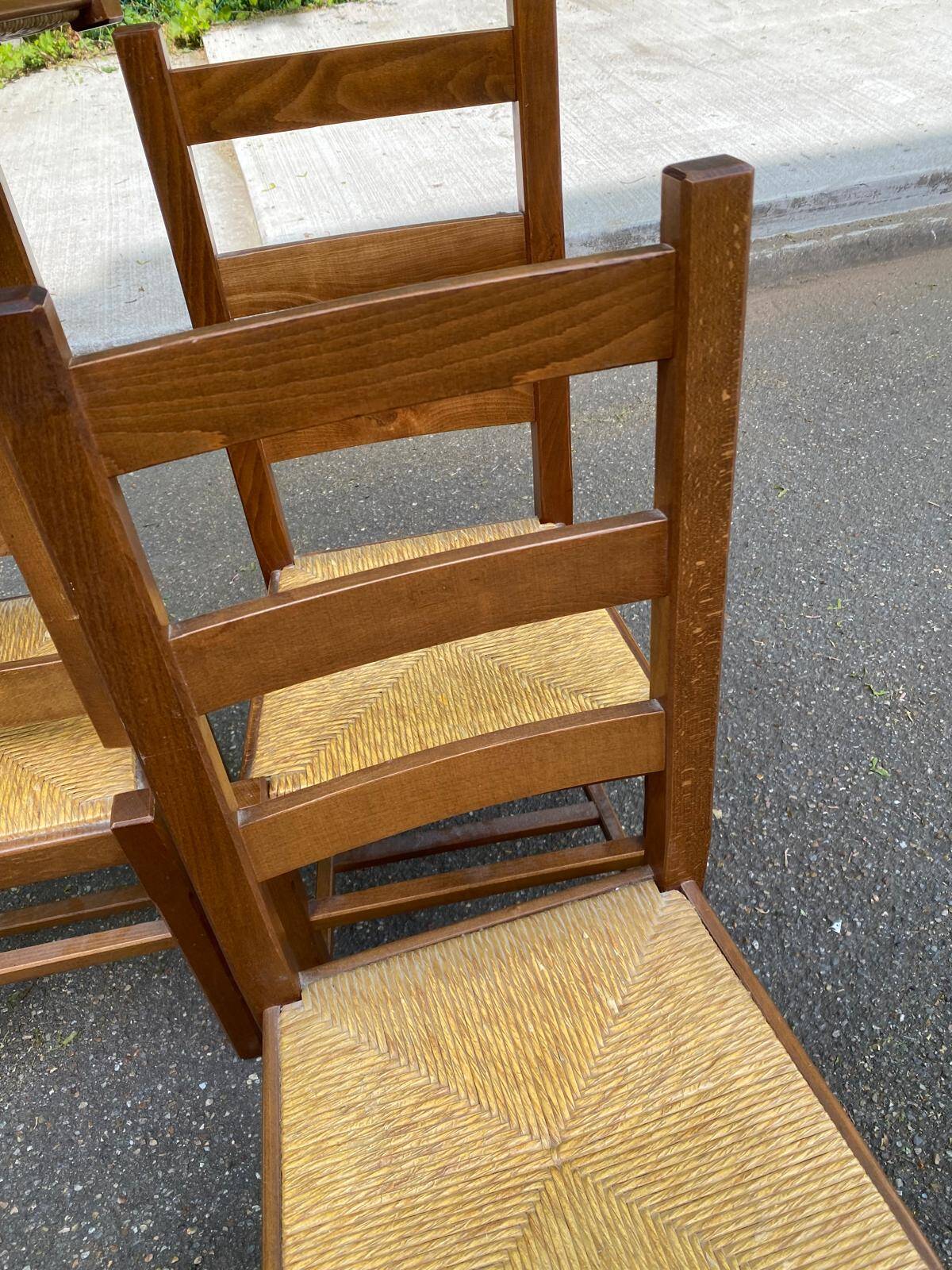 4 solid wood and straw chairs, farmhouse style from the 1950s.