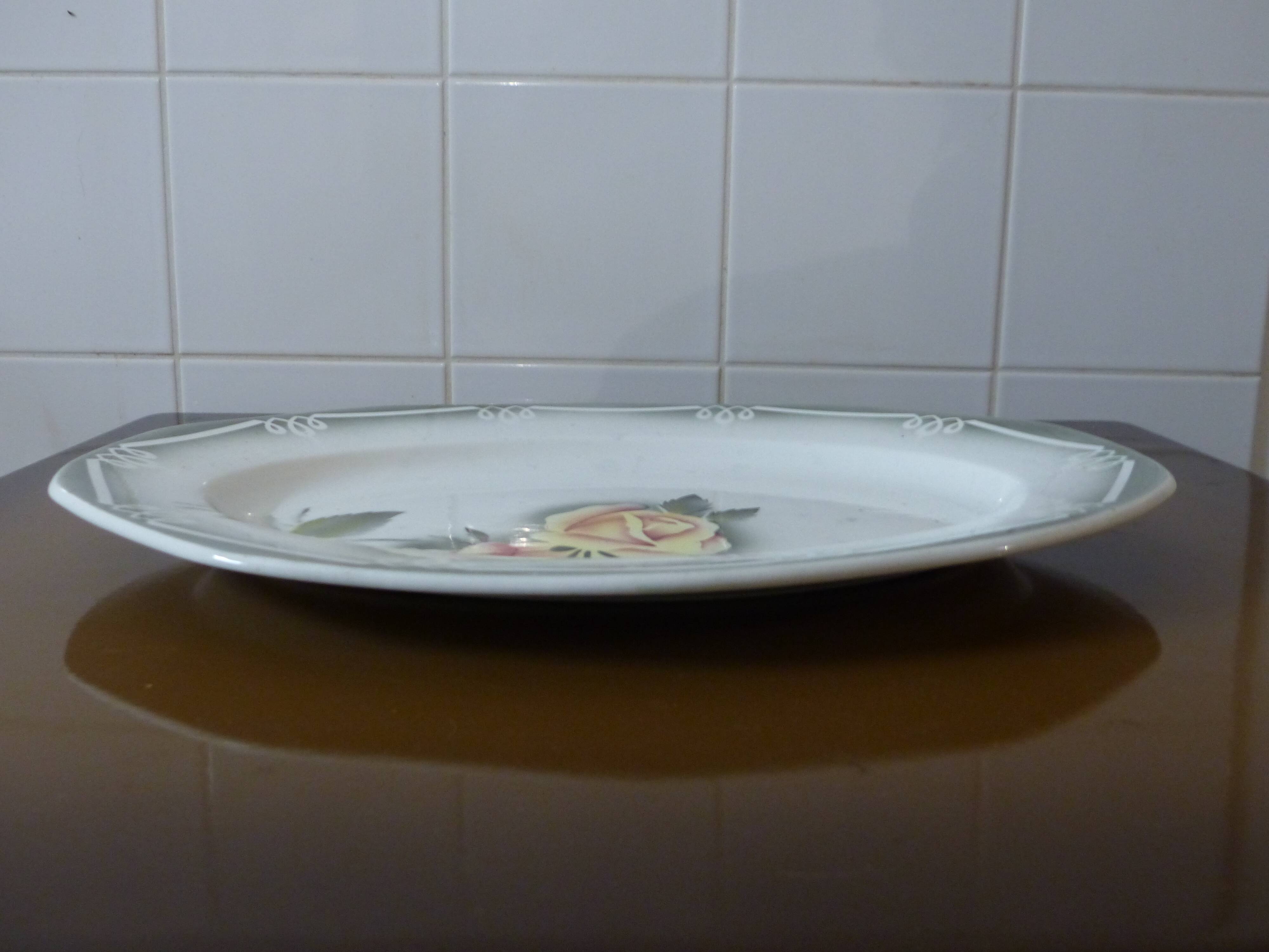 Old faience dish, digoin, sarreguemines, rose decoration.