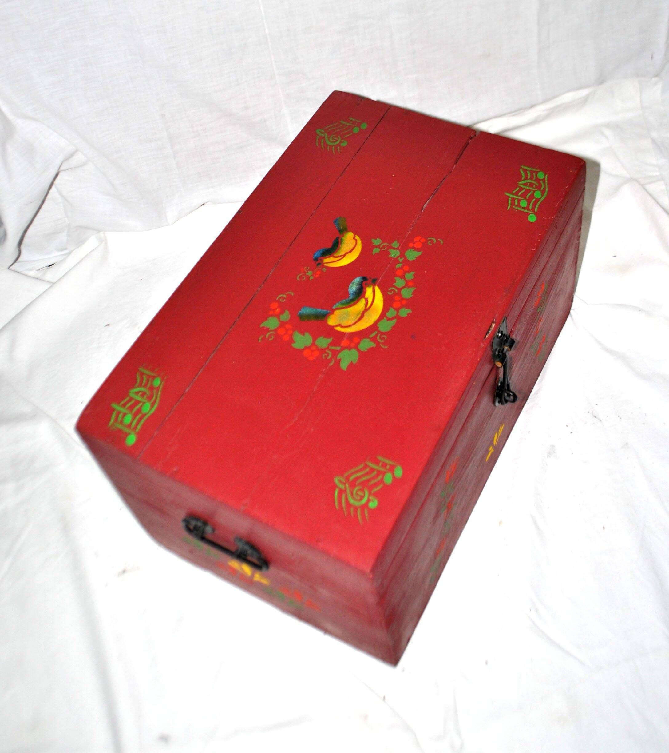Vintage wooden trunk – toy chest or music box with painted stencil bird decoration.