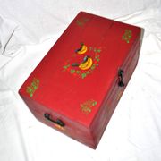 Vintage wooden trunk – toy chest or music box with painted stencil bird decoration.