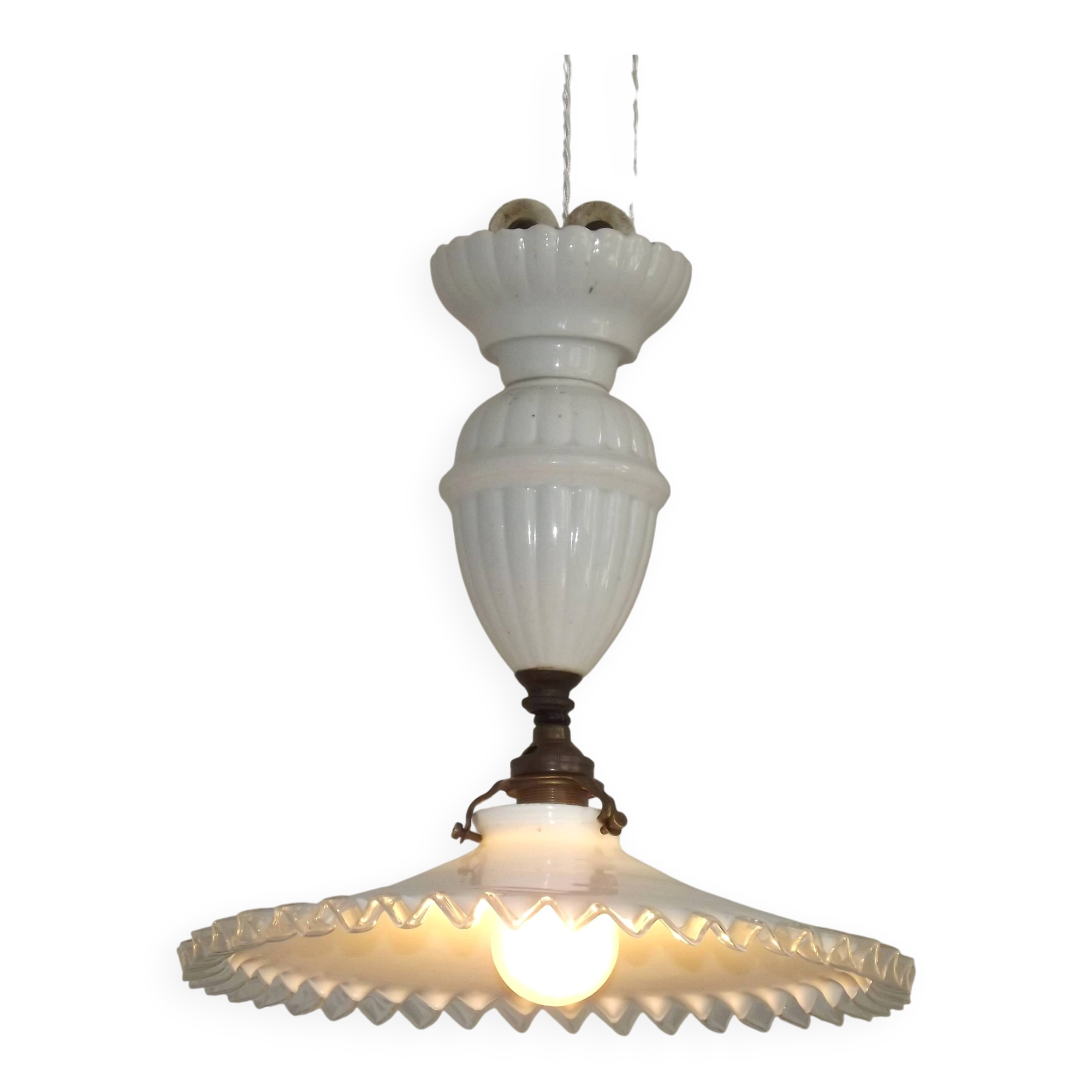 French Counter Balance Ceiling Light White Porcelain & Opaline Glass Shade